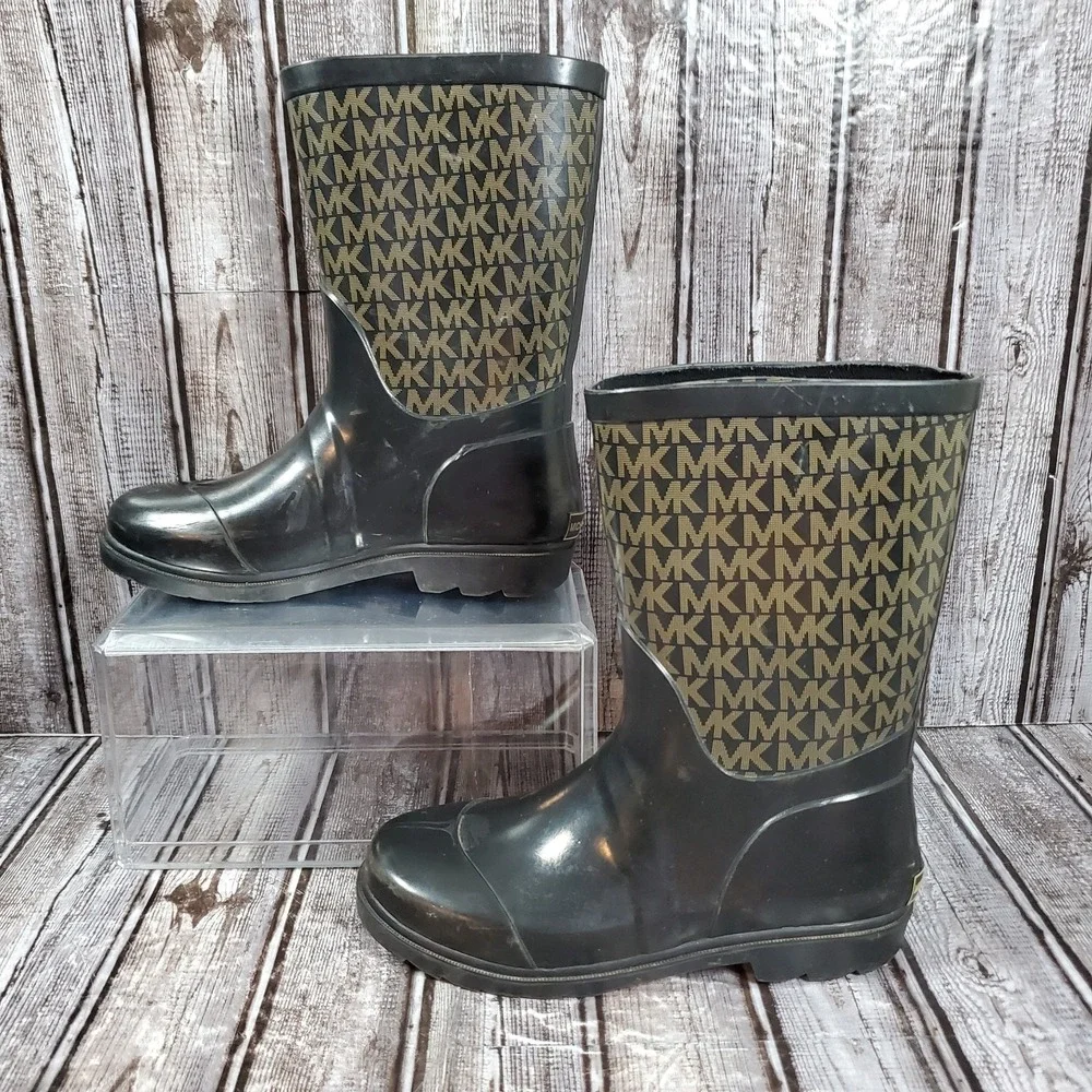 Michael Kors Girls Daisy Joe Logo Rubber Mid Calf Rain Boots Black Gold Size 3